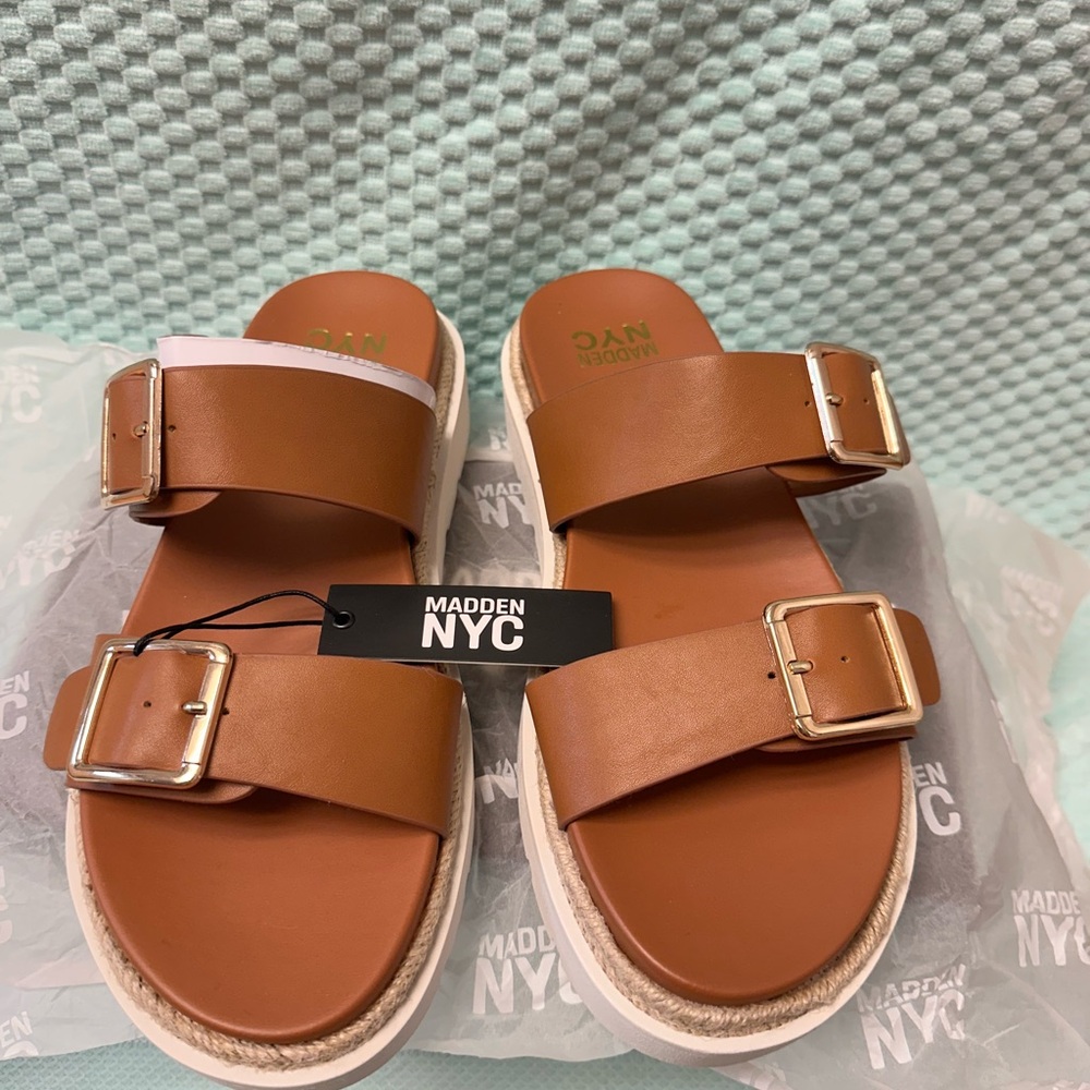 Madden NYC Women's Cognac Double-Buckle Slide Sandals NIB - Picture 2 of 4